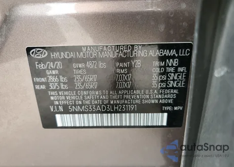 2020 Hyundai Santa Fe Sel из США, поврежденный, VIN 5NMS33AD3LH231191